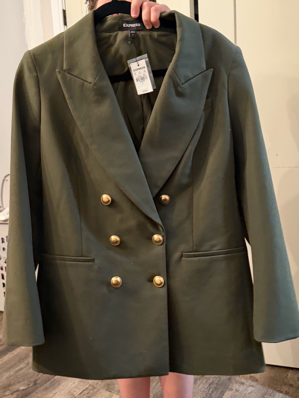 Express Olive Green Double-Breasted Blazer with Gold Buttons - Picture 2 of 6